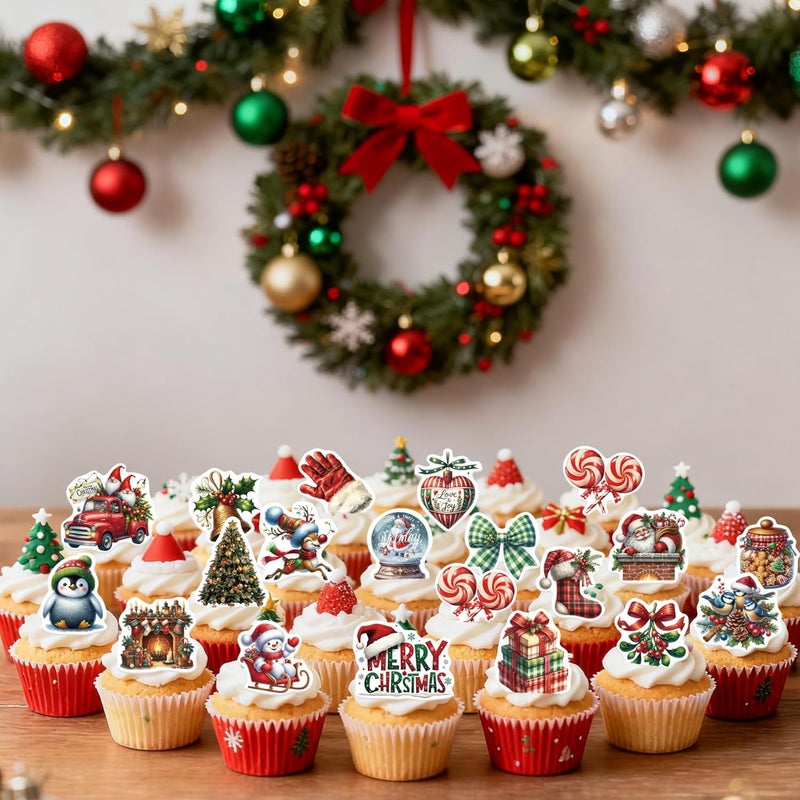 Fyeoxle 80PCS Edible Merry Christmas Cupcake Toppers Wafer Paper Santa Hat Snowman Deer Cupcake Toppers for Merry Xmas Theme Party Baby Shower Birthday Decor Supplies - Image 3